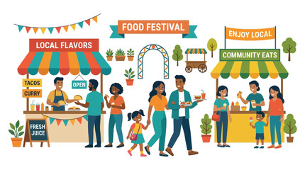 Obraz premium Diverse people enjoy food festival with stalls offering local flavors and community eats.