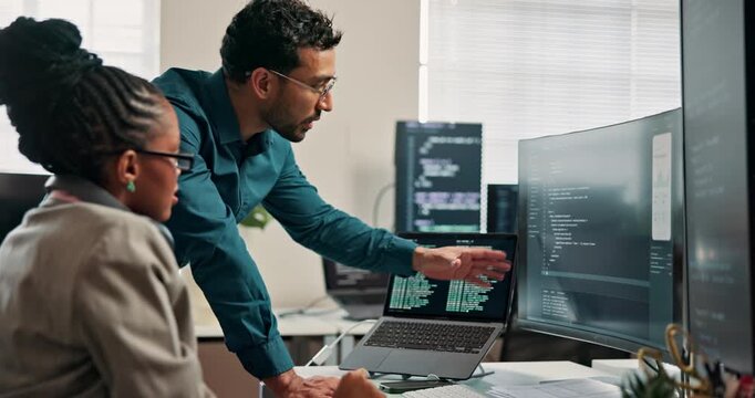 People, screen and training for programming in office, coding internship and team. Computer, explain script and programmer intern with mentor for learning problem solving logic and developer tools