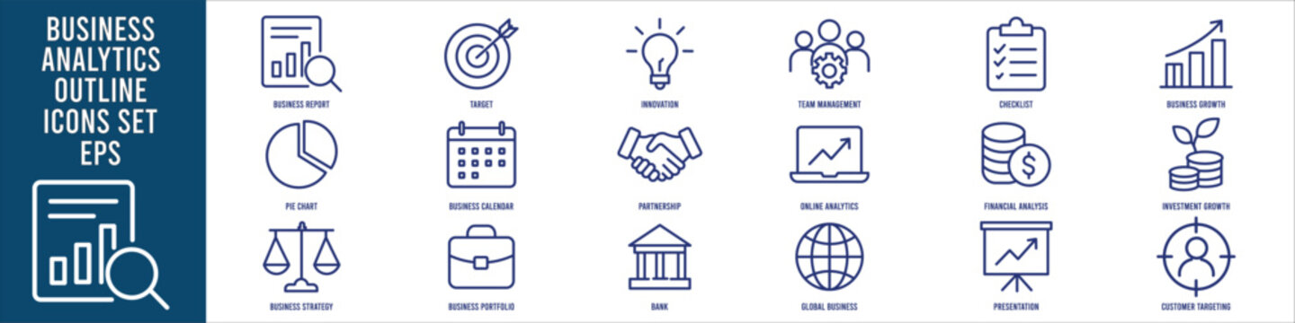 Business ethics outline icon set featuring integrity contracts teamwork strategy finance law compliance leadership governance accountability management communication planning responsible business