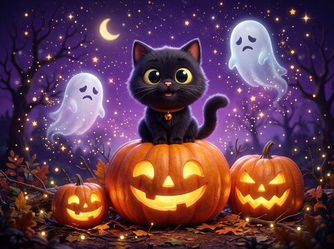 Cute black kitten sitting on a glowing jackolantern with friendly ghosts in a magical halloween forest at night