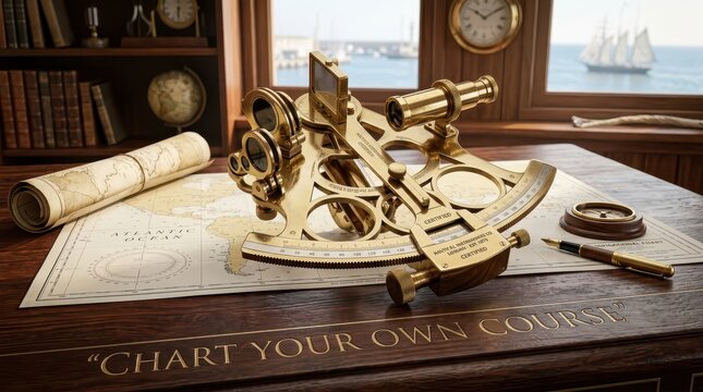 Antique brass sextant on nautical map with compass and quill pen, vintage navigation tools
