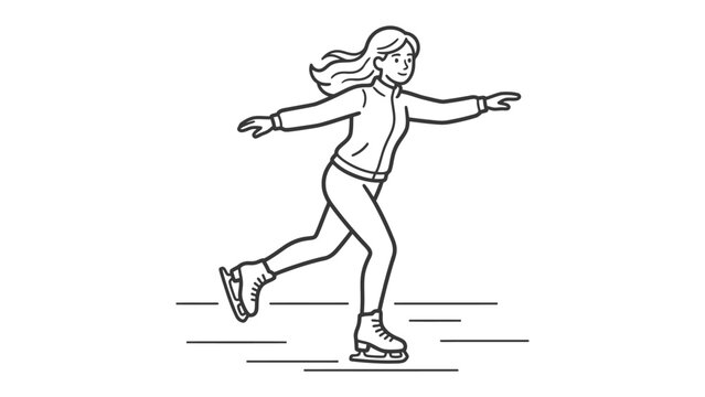 Figure Skating Line Art: A dynamic line drawing captures a female figure skater in mid-performance, arms extended for balance, gliding gracefully across an icy surface.