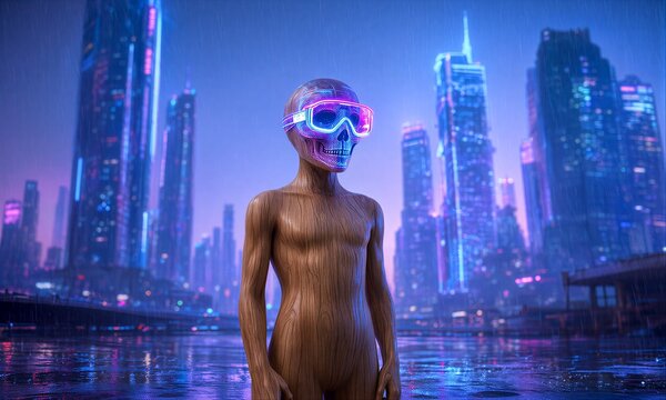 Cyborg skull stands in neon rain, city skyline glowing behind.
