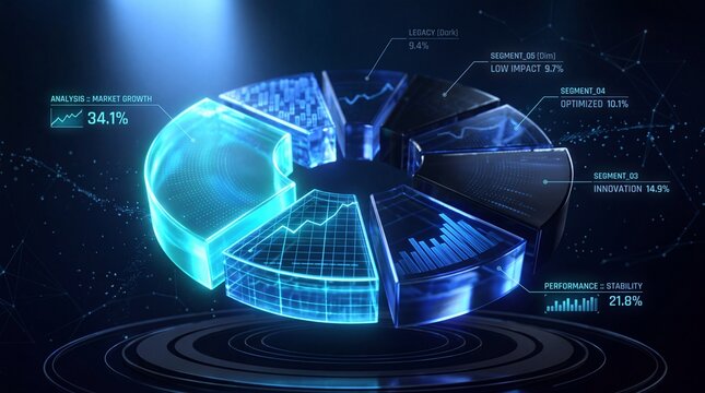Futuristic 3D Pie Chart Displaying Financial Data Analytics
