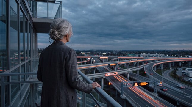 Mature Businesswoman Looking at City Highway Interchange from Balcony