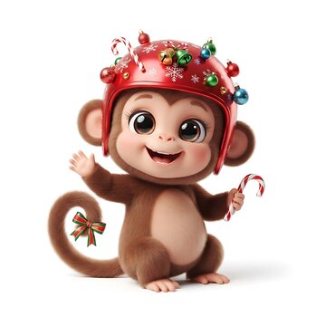 Cute cartoon monkey wearing a festive Christmas helmet waving hello