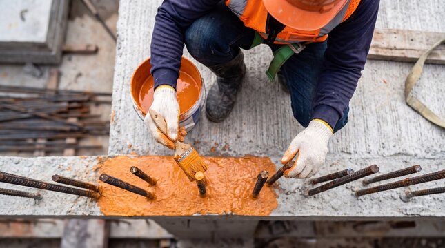 Construction Worker Applying Waterproof Coating on Concrete Beam