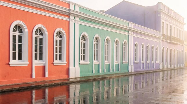 Colorful Colonial Buildings with Reflections on Wet Street