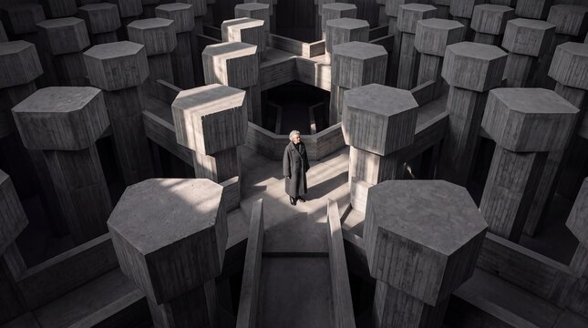 Figure Standing in Brutalist Concrete Maze Architecture
