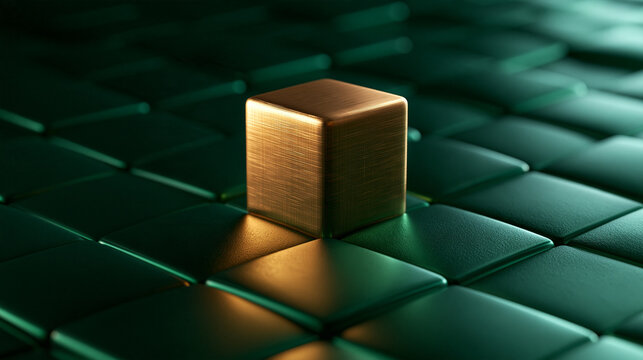 Golden Cube Standing Out on Dark Geometric Grid