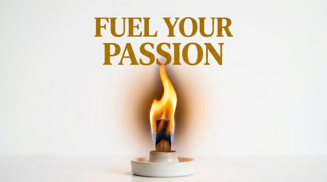 Burning candle with text "Fuel Your Passion" against a white background, symbolizing motivation and