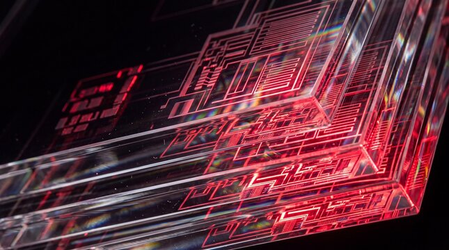 Photonic Microchip Layered Glass Circuit with Red Illumination