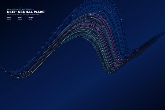 Deep neural wave synaptic signal artificial intelligence brain network machine learning digital technology data flow abstract background vector connection nodes algorithm biometric