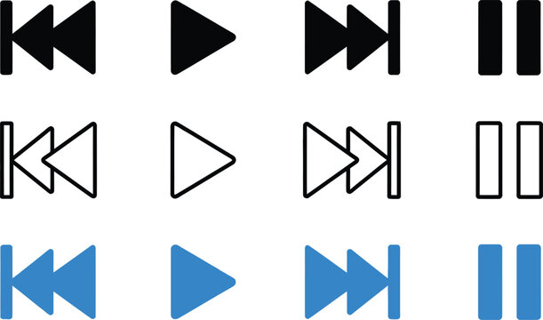 Set of media player control icons including play pause fast forward and rewind buttons