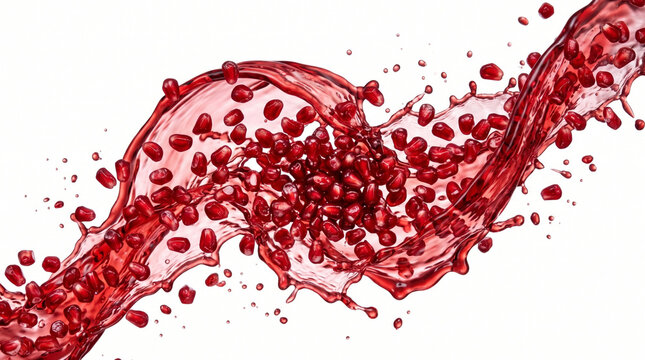 Pomegranate seeds and juice wave splash, isolated on white background