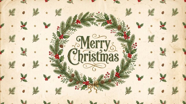 Merry christmas text inside a holly and fir wreath with pine cones, red berries and a gold bow on an aged cream paper background with a pattern of holly sprigs, fir twigs and stars