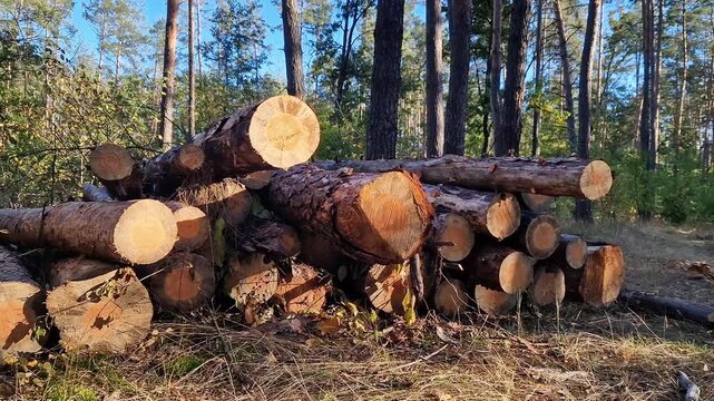 Freshly cut pine logs after sanitary felling of the forest. A pile of freshly cut pine logs neatly stacked in the forest on a sunny day. Stacked pine firewood logs in the forest. Natural background