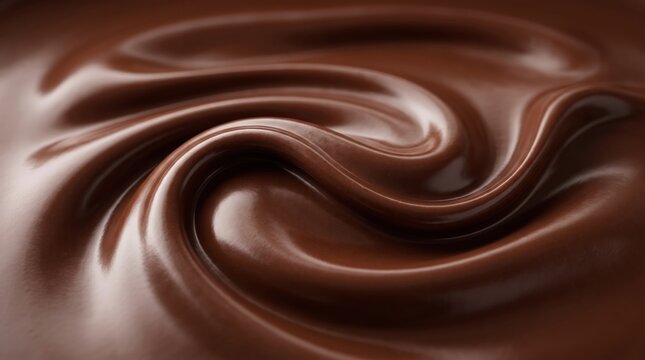 Glossy melted chocolate swirl texture, smooth spiral pattern rich brown close-up. Dessert background theme