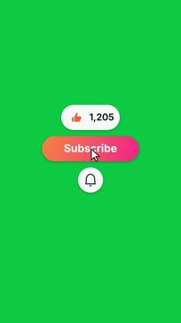 Vertical green screen subscribe button turns to Subscribed as like count rises, then bell toast appears