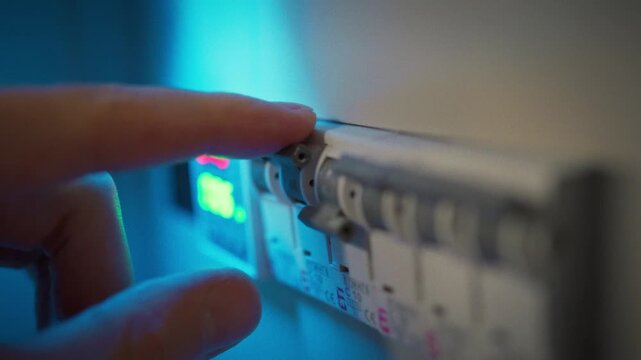 Hands operate an electrical engineering circuit breaker in a distribution board, flipping the switch to cut power-concept of managing and disconnecting electricity supply in a room