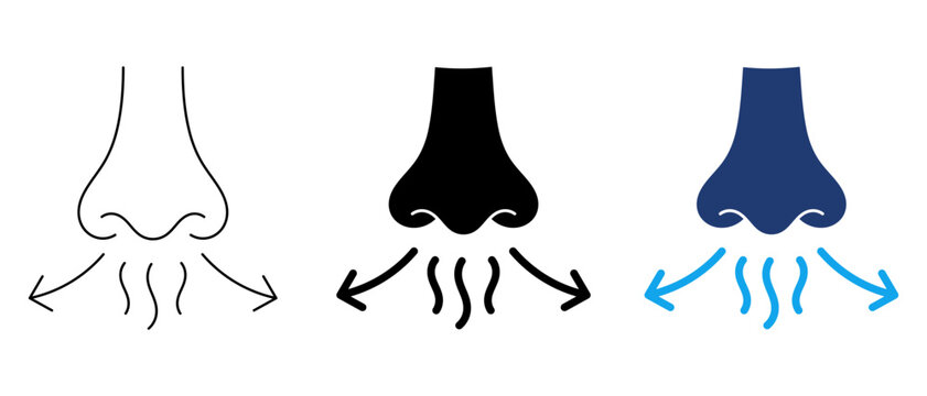 Respiratory system icon set with human nose and airflow, breathing and anatomical sense of smell symbols for medical design