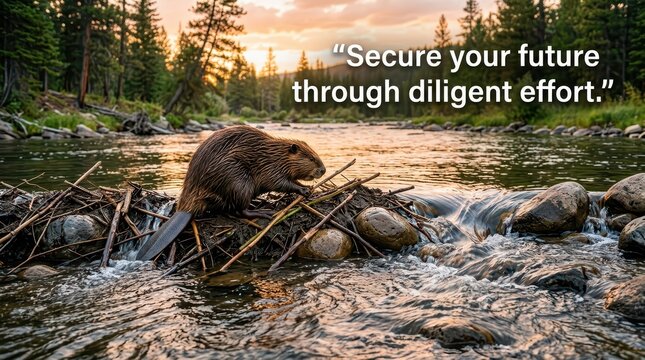Beaver building dam on river at sunset, nature, wildlife, diligent effort quote