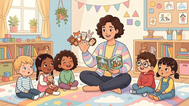 A cheerful teacher sitting on the floor in a classroom tells a fairy tale story to a group of young children using fun finger puppets and a colorful book to inspire curiosity during morning