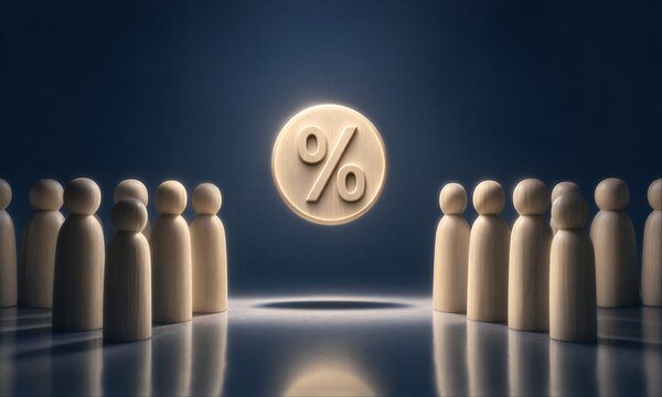 Wooden figures face a glowing percentage symbol, representing financial decision-making.