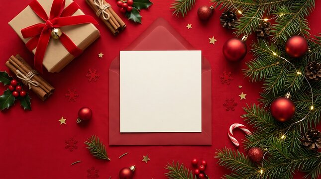 Christmas greeting card with gift and pine branches on red background