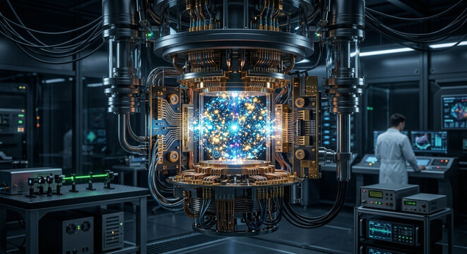 Quantum computer fusion reactor core with glowing particles in high tech lab.