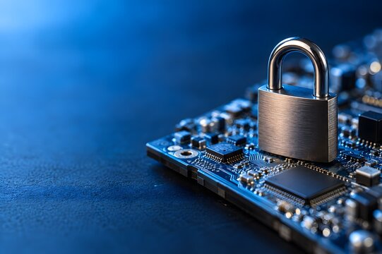 回路基板と金属製南京錠で表現するサイバーセキュリティ