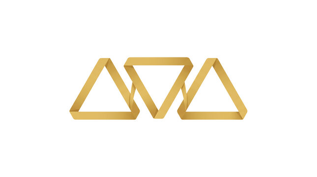 Minimalist geometric logo design featuring interlocking gold ribbon-like triangular shapes with a 3D metallic texture on a plain background