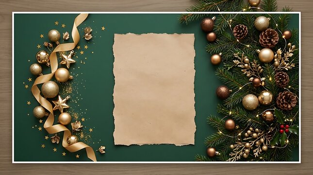 Christmas greeting card mockup with gold ornaments and pine branches