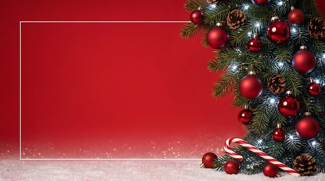 Christmas tree with red ornaments and candy cane on a red background