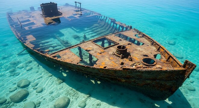 Rusty shipwreck resting peacefully in shallow turquoise ocean water