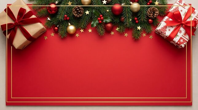 Christmas gift boxes with pine branches on a red background with copy