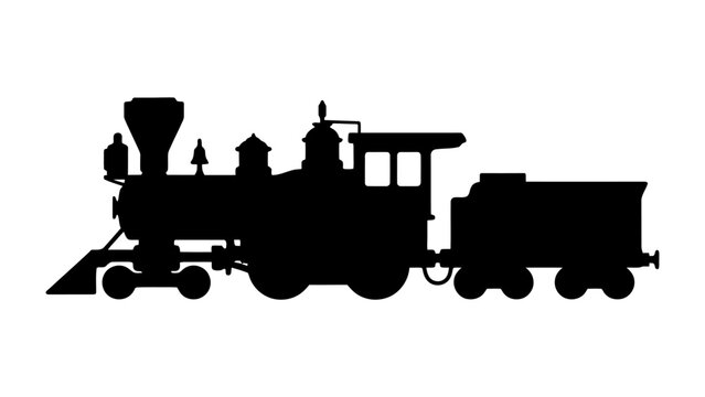 Silhouette of a Vintage Steam Train: A stark black silhouette of a classic steam locomotive with a tender car stands ready for its journey, a timeless symbol of industrial power and travel.