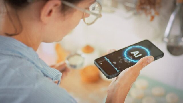 Artificial intelligence on smartphone suggests a cottage cheese pancake recipe while a housewife cooks in a home kitchen. Concept of a voice assistant as an essential tool in modern culinary practice