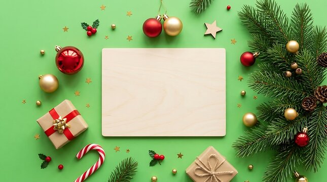 Christmas flat lay with wooden board and festive ornaments on green