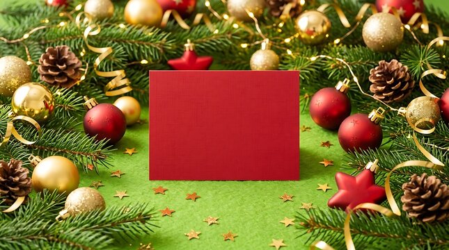 Blank red greeting card on festive Christmas background with ornaments