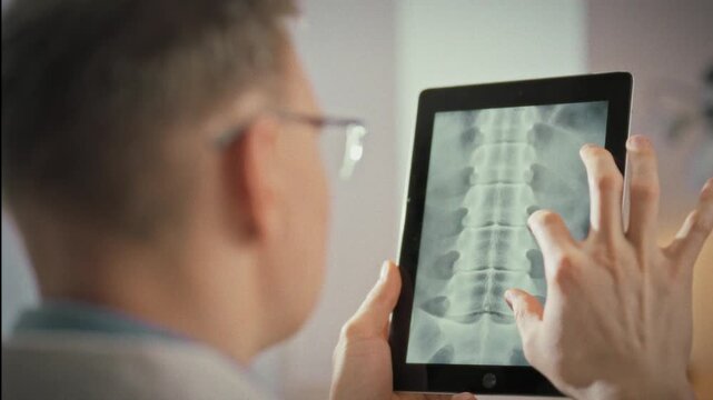 In clinical exam room, doctor reviews lumbar spine x-ray on a tablet display, using modern medicine technology to assess the patient's back. The image reveals vertebrae, supporting accurate diagnosis