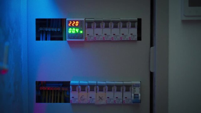 Medium view of electrical distribution board within electrical engineering, displaying numerous circuit breakers for power control and energy management, featuring voltage monitoring relay interface