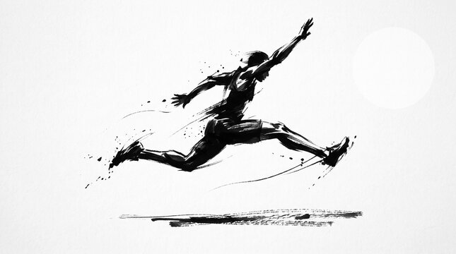 Long jump track and field athlete silhouette with grunge ink style for athletic competition ads.