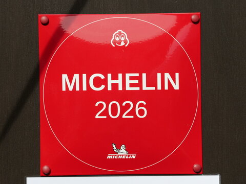 Germany, H&ouml;velhof, October 03. 2026, Official, square Michelin plaque for the year 2026, displayed on the exterior wall of an award-winning restaurant