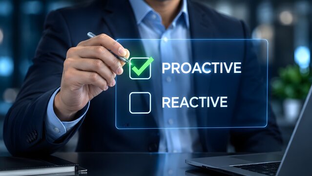 Choosing proactivity a business professional selects 'proactive' over 'reactive' strategies for success and future growth in a modern workplace