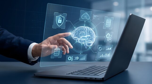 Businessman interacting with a futuristic holographic interface displaying an AI brain data and security icons symbolizing artificial intelligence and digital transformation in