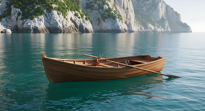 Wooden rowboat floating peacefully on calm blue ocean water