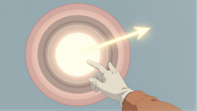 Hand taps glowing circular portal, releasing bright arrow of energy into the void.