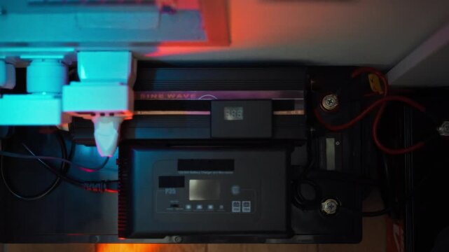 Top-down shot home backup power installation featuring inverter charger battery units and smart sockets glowing indicators and power cables. Concept energy independence and residential power backup
