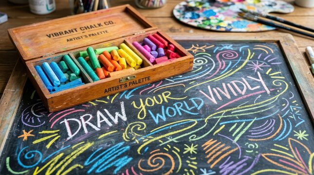 Artist's wooden box filled with colorful chalk pastels on a blackboard with drawing